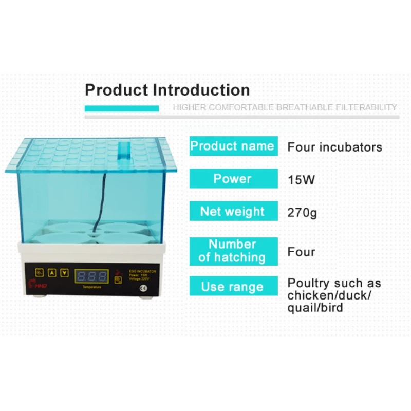4-hole Poultry Egg Incubator even heating automatic temperature control automatic humidity display compact and small area
4-hole Poultry Egg Incubator even heating automatic temperature control automatic humidity display compact and small area