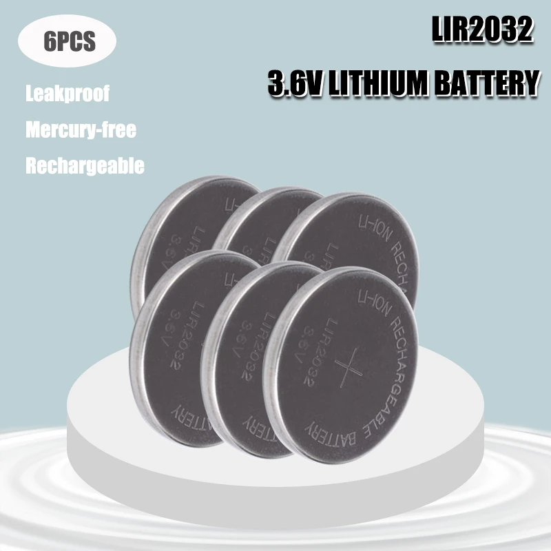 

6PCS LIR2032 3.6V Button Cells Li-ion Rechargeable Battery LIR 2032 Replaces CR2032, Lithium Coin Cell Batteries