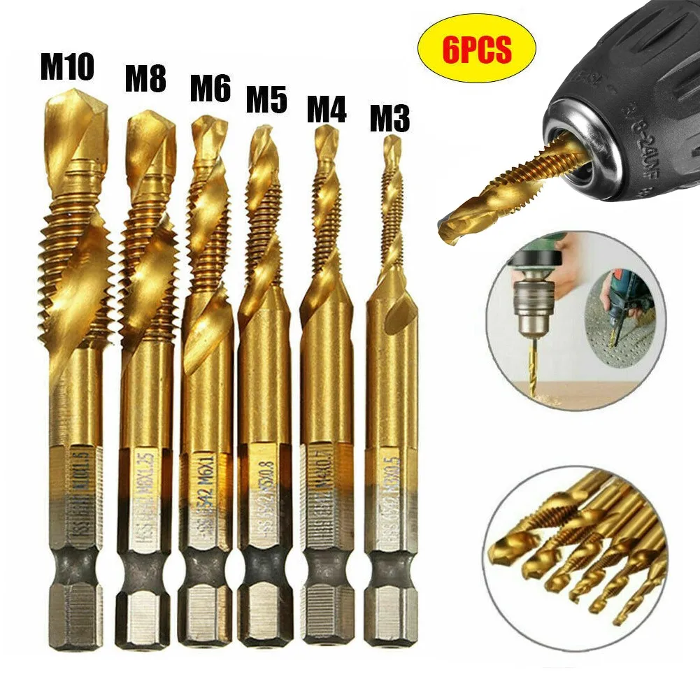 6Pcs M3-M10 Drill Spiral Tap Bits HSS 1/4inch Hex Shank Metric Thread Cutter Drill Bits Titanium Plating
6Pcs M3-M10 Drill Spiral Tap Bits HSS 1/4inch Hex Shank Metric Thread Cutter Drill Bits Titanium Plating