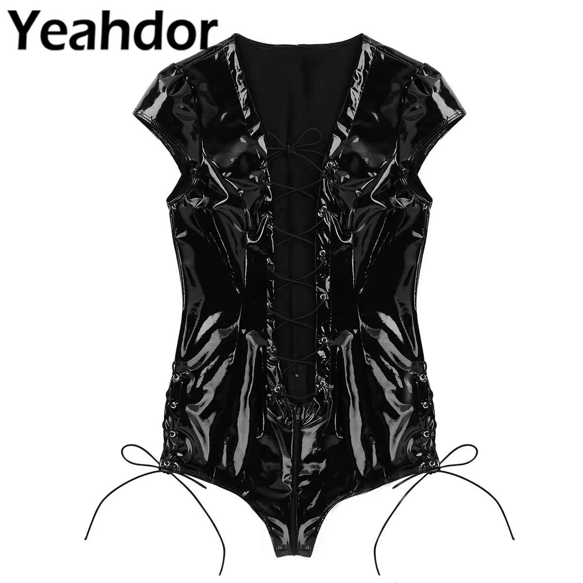 

Women Sexy Wet Look Patent Leather Clubwear Hollow Out Bodysuit Deep V Plunging Lace-up Zipper Crotch Leotard Strapped Jumpsuit
