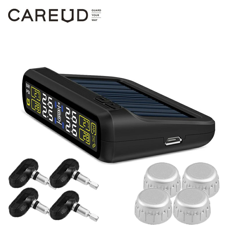 Беспроводная автомобильная система контроля давления в шинах TPMS CAREUD с солнечной