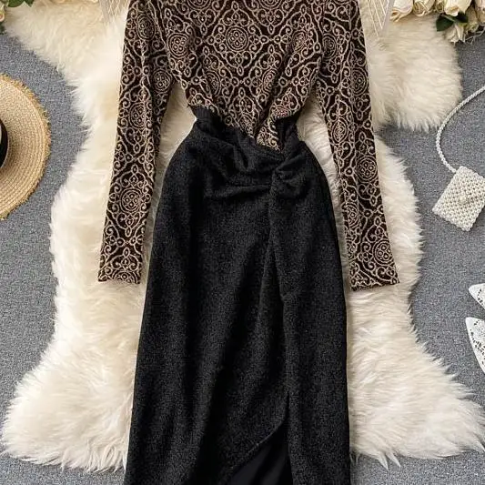 Women Autumn Winter Long Sleeve Turtleneck Bling Silk Mesh Split Midi Dress Female Elegant Party Patchwork Vestidos
Women Autumn Winter Long Sleeve Turtleneck Bling Silk Mesh Split Midi Dress Female Elegant Party Patchwork Vestidos