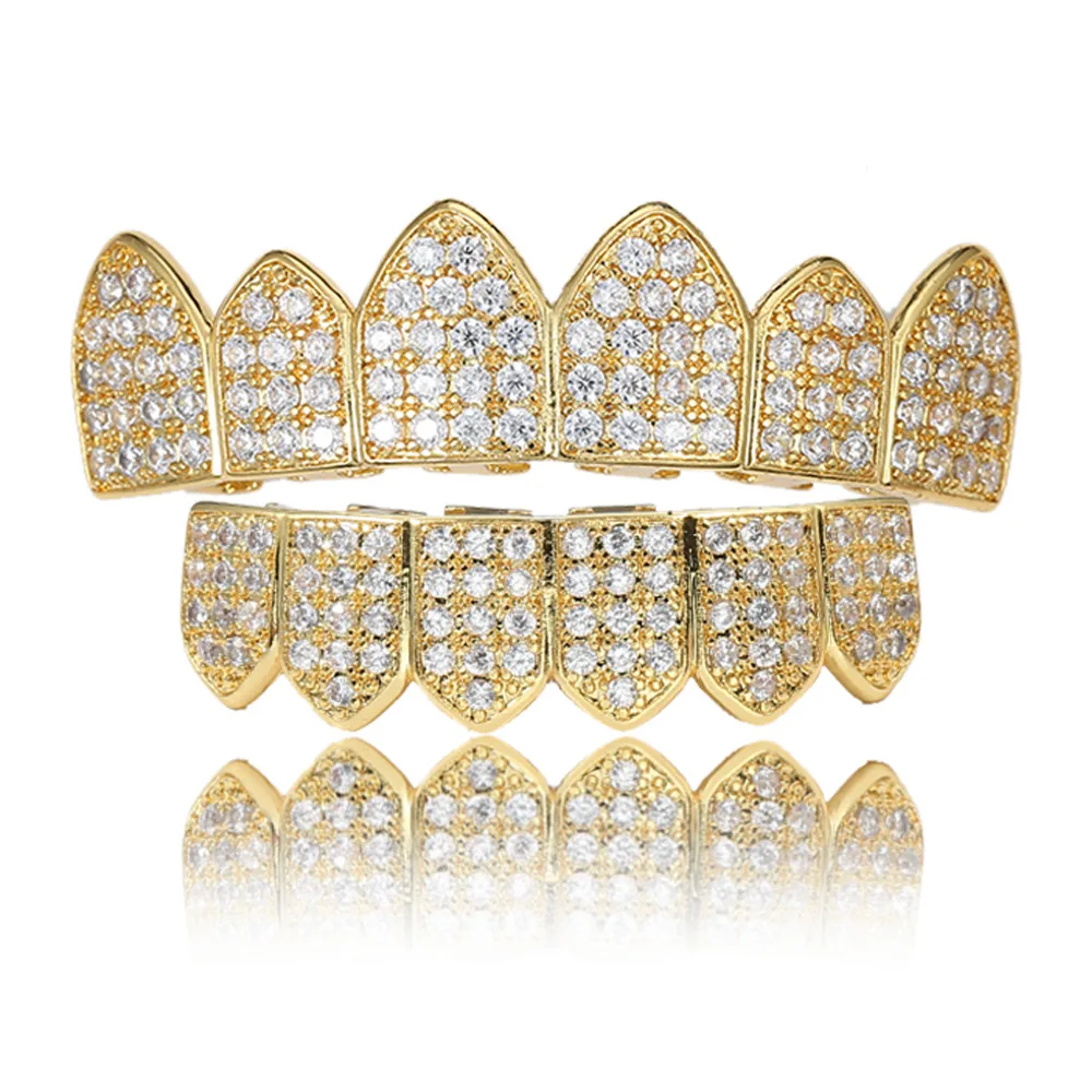 

Hip Hop 1Set Iced Out Bling Teeth Cubic Zirconia Teeth Grills Top & Bottom Clown Grills Set For Men Rapper Jewelry Grillz Dental