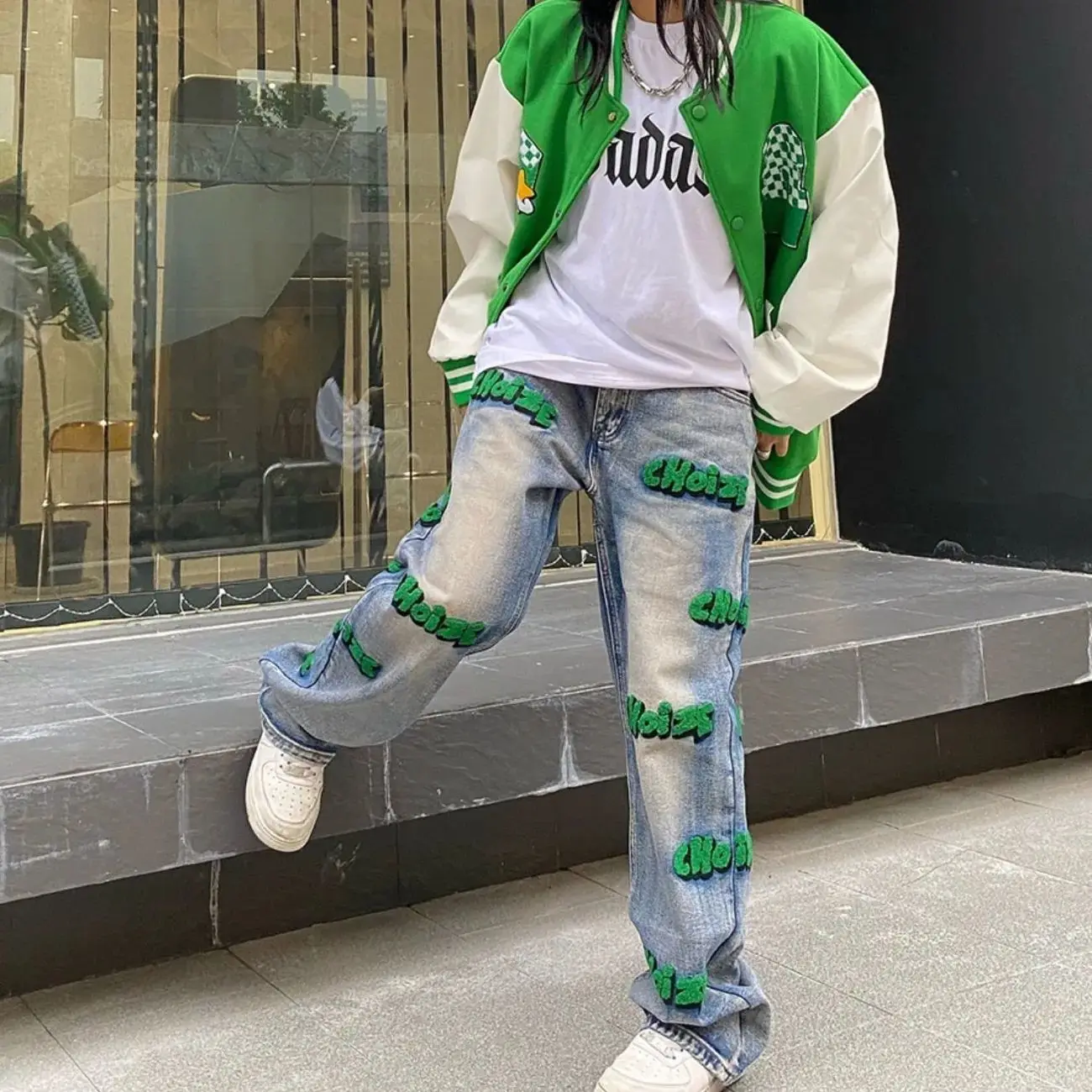 Embroidery high street style hiphop flocking jeans autumn wide-leg pants for men and women waist fashion clothes | Женская одежда