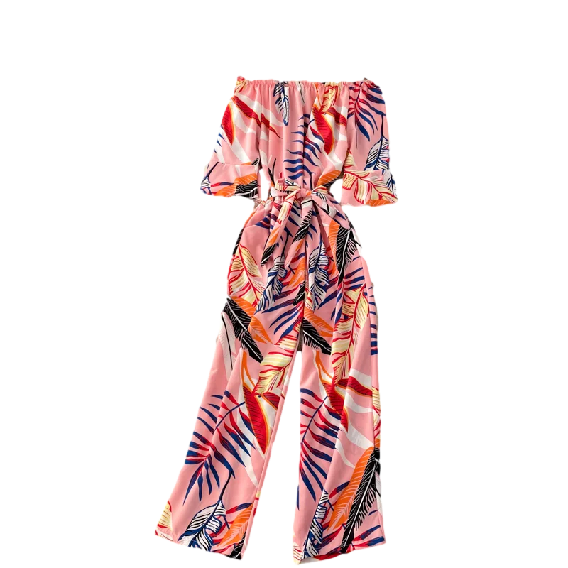 Summer Tropical Print One-shoulder Jumpsuit Women's Lace-up Waist Slimming Vacation Travel Leisure Wide-leg Pants UK465
Summer Tropical Print One-shoulder Jumpsuit Women's Lace-up Waist Slimming Vacation Travel Leisure Wide-leg Pants UK465