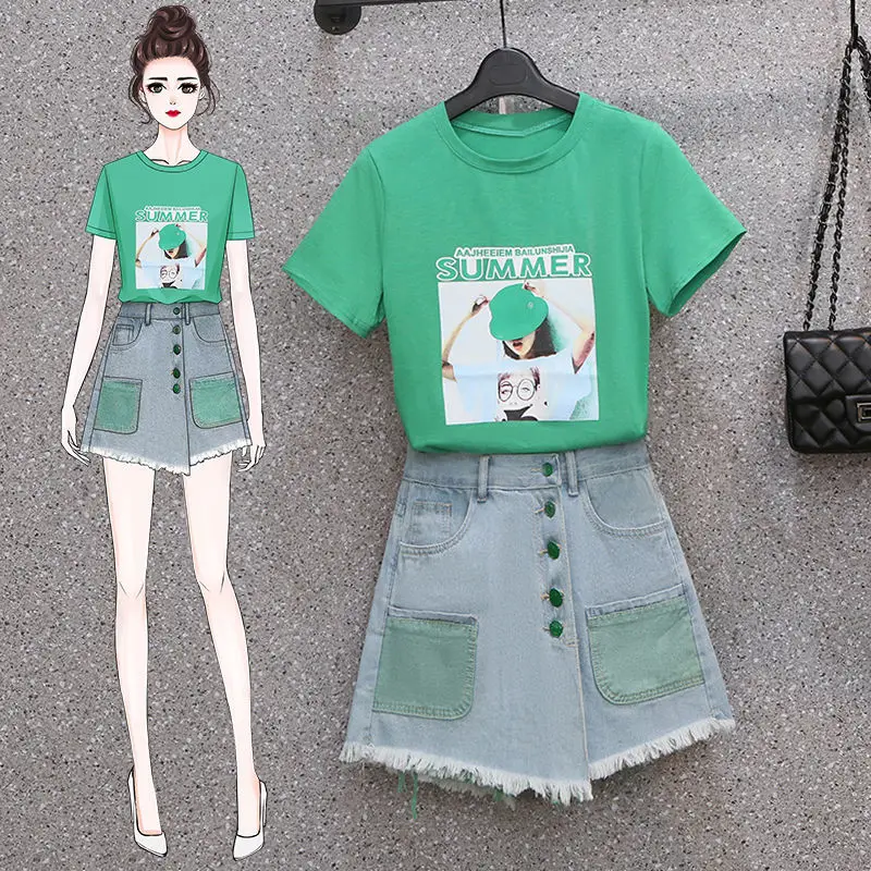 Plus Size 2021 Summer Women's New Slim Printed T-shirt High Waist Pocket Stitching Denim Skirt Girl Casual Top Two-piece Suit
Plus Size 2021 Summer Women's New Slim Printed T-shirt High Waist Pocket Stitching Denim Skirt Girl Casual Top Two-piece Suit
