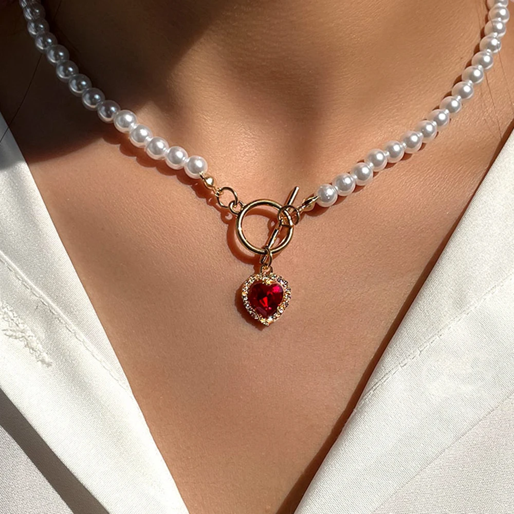 Romantic Red Crystal Love Heart Pendant White Pearl Necklace For Women Handmade Imitation Pearl Beaded Necklaces Sweet Jewelry
Romantic Red Crystal Love Heart Pendant White Pearl Necklace For Women Handmade Imitation Pearl Beaded Necklaces Sweet Jewelry