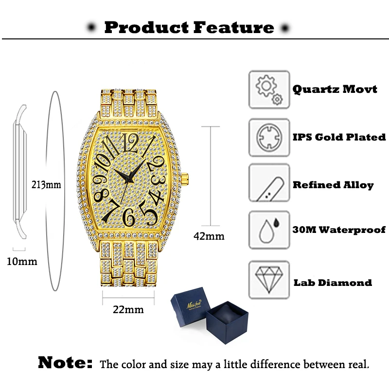 MISSFOX Мужские часы Роскошные полностью Стразы Tonneau Тип циферблат большие римские