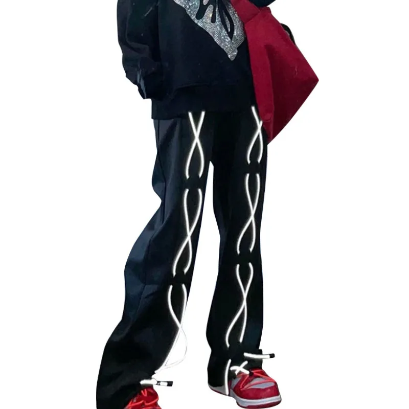 Свободные стильные брюки унисекс со светоотражающими полосками, черные прямые брюки с завязками на весну и осень
Свободные стильные брюки унисекс со светоотражающими полосками, черные прямые брюки с завязками на весну и осень