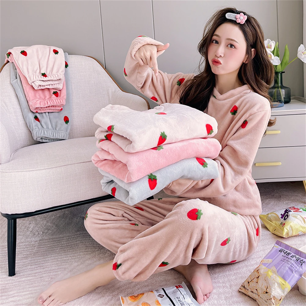 

2 Piece Set Pajama Women pyjama Winter Warm Coral Sleepwear Homewear Suit Strawberry Nightwear Nightie Homewear Home Pants Tops