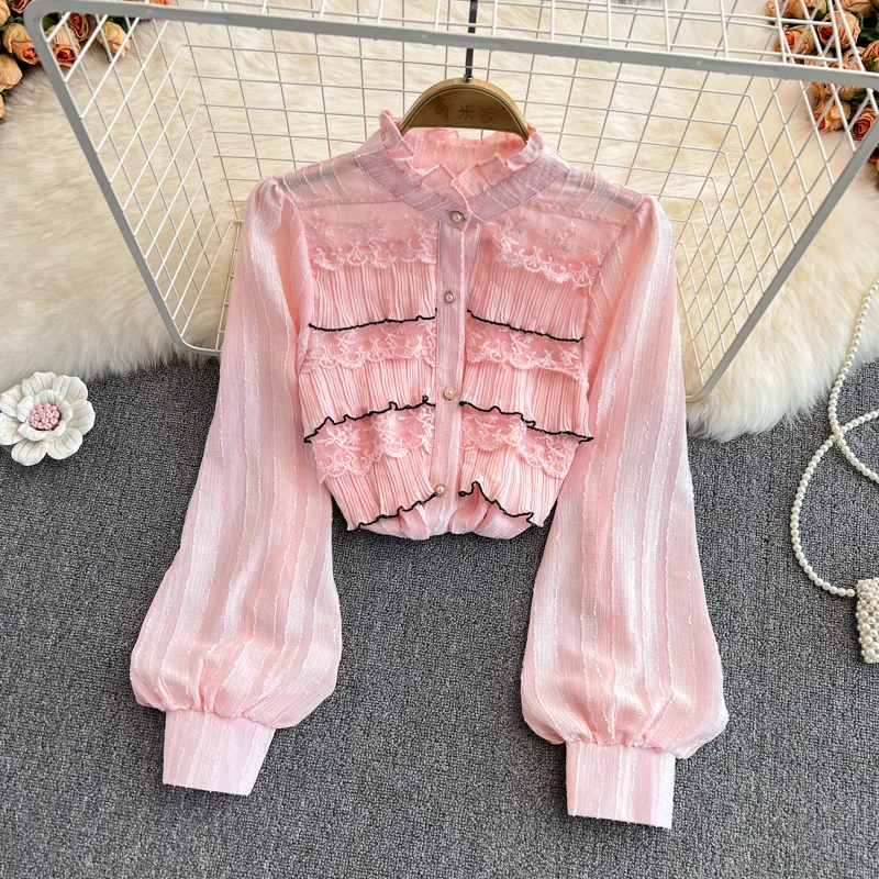 Spring Women Ruffles Blouse Wave Ruffles Hem Slim Chiffon Shirt Female Draped Pleated Short Top Long Lantern Sleeves Blouse
Spring Women Ruffles Blouse Wave Ruffles Hem Slim Chiffon Shirt Female Draped Pleated Short Top Long Lantern Sleeves Blouse