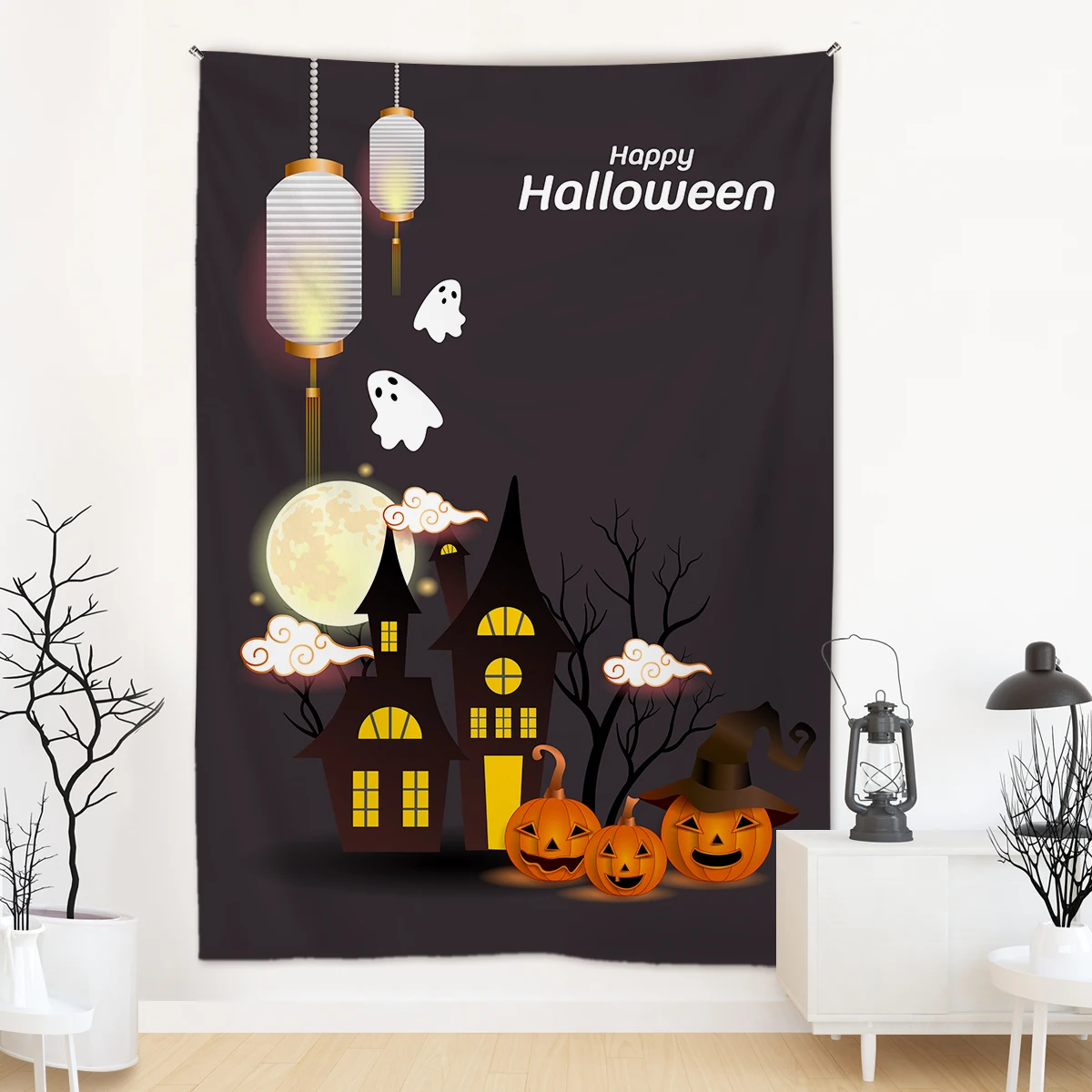 

Halloween Theme Tapestry Ghost Around the Castle Witchcraft Pumpkin Print Wall Hanging Anime Bedroom Dorm Living Room Home Decor
