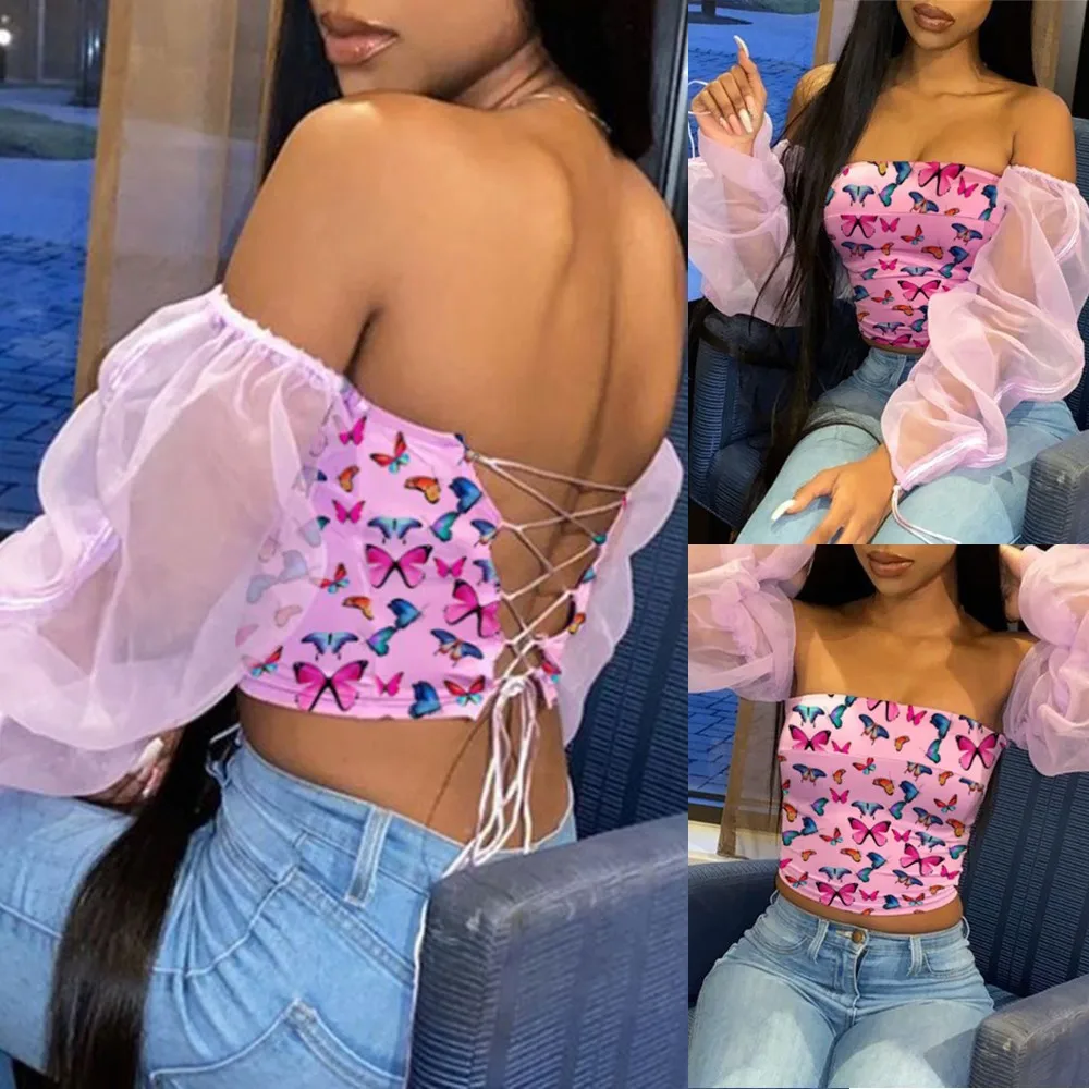 Women Butterfly Print Long Sleeve Sexy Off Shoulder Tube Tops Casual Puff Sleeve T Shirt Blouse Summer Female New Streetwear
Women Butterfly Print Long Sleeve Sexy Off Shoulder Tube Tops Casual Puff Sleeve T Shirt Blouse Summer Female New Streetwear