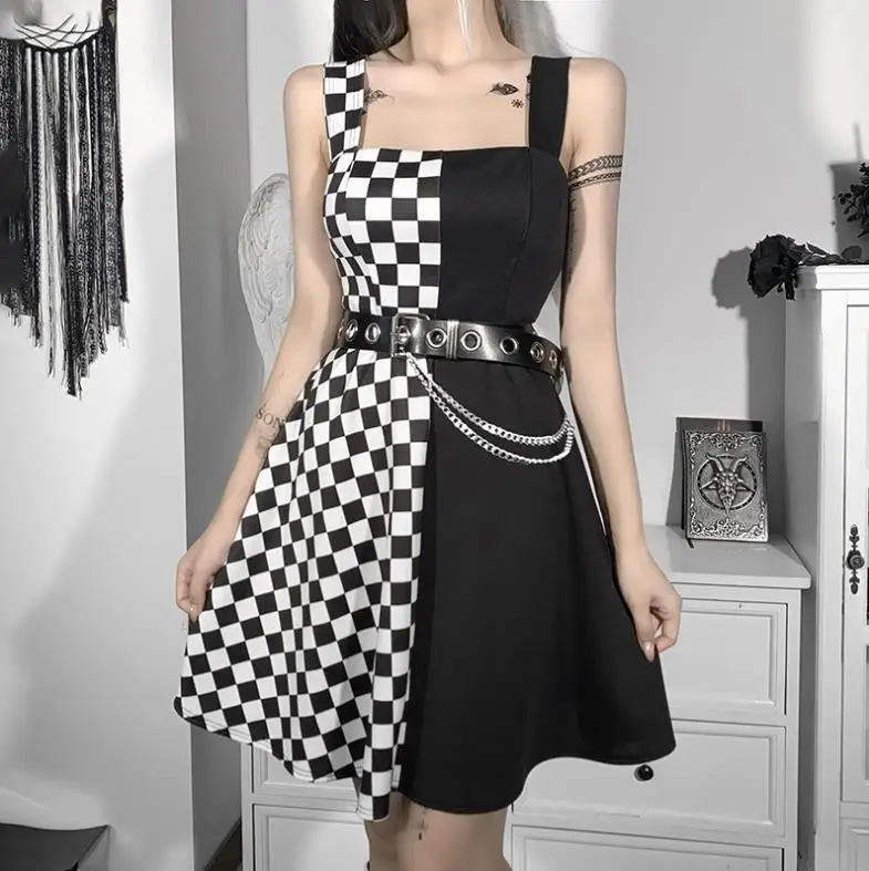 Gothic Black White Plaid A-Line Dress Aesthetic Contrast Color High Waist Mini Dress Goth Vintage Sleeveless Women Dresses
Gothic Black White Plaid A-Line Dress Aesthetic Contrast Color High Waist Mini Dress Goth Vintage Sleeveless Women Dresses