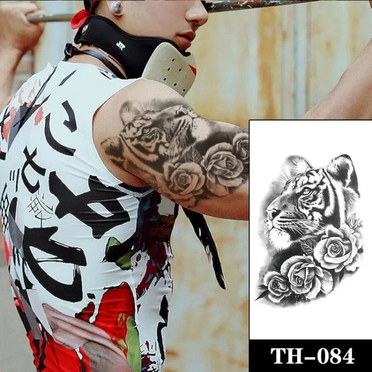 

Fashion Men Temporary Tattoo Sticker Black Tiger Tattoo Transfer Rose Flower Design Tattoos Women Arm Body Art Cool Fake Tattoo