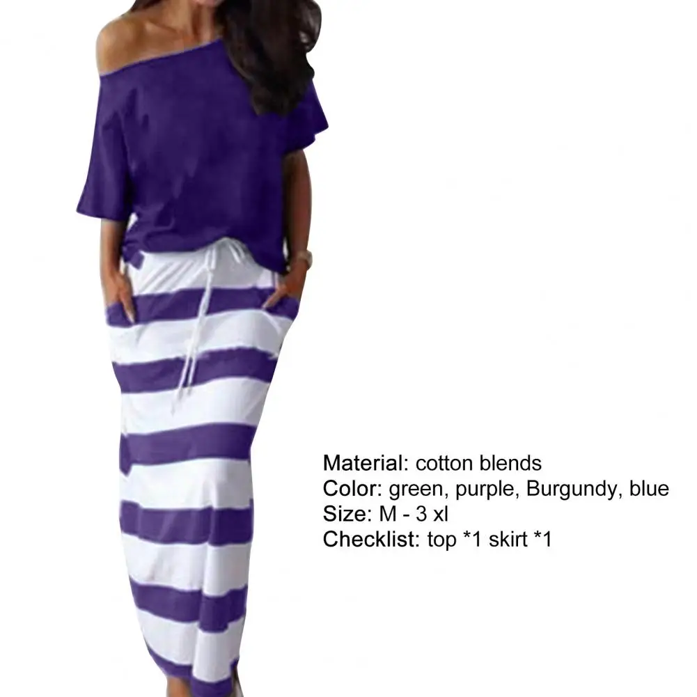 Women Outfit Slant Shoulder Half Sleeve Shirt Top Striped Drawstring Skirt Two Piece Set Half Sleeve T-shirt Pockets Skirt Set
Women Outfit Slant Shoulder Half Sleeve Shirt Top Striped Drawstring Skirt Two Piece Set Half Sleeve T-shirt Pockets Skirt Set
