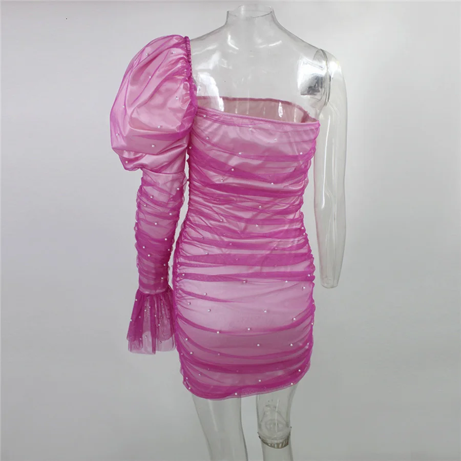 One-shoulder Puff Sleeve Mesh Party Dress Women Pearls Beading Ruched Mini Dress Sexy Patchwork Bodycon Dresses Summer Vestidos
One-shoulder Puff Sleeve Mesh Party Dress Women Pearls Beading Ruched Mini Dress Sexy Patchwork Bodycon Dresses Summer Vestidos