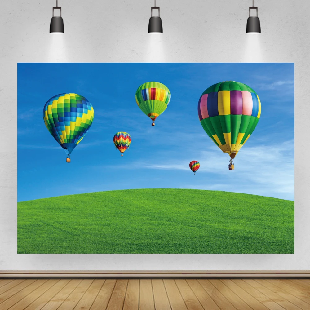 

Green Grass Earth Land Hot Air Balloons Fly On Blue Sky Scenic Photography Background Kids Portrait Backdrops For Photo Studio