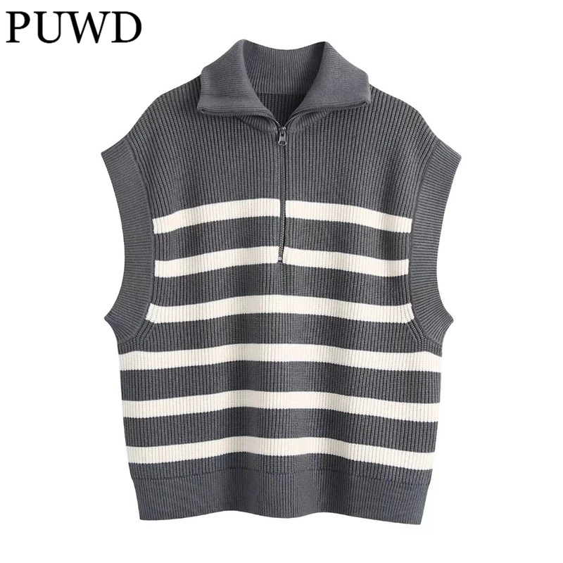 PUWD Oversize Women Turn-down Collar Sleeveless Knitted Vest 2022 Spring-autumn Fashion Ladies Casual Vest Female Striped Vest
PUWD Oversize Women Turn-down Collar Sleeveless Knitted Vest 2022 Spring-autumn Fashion Ladies Casual Vest Female Striped Vest