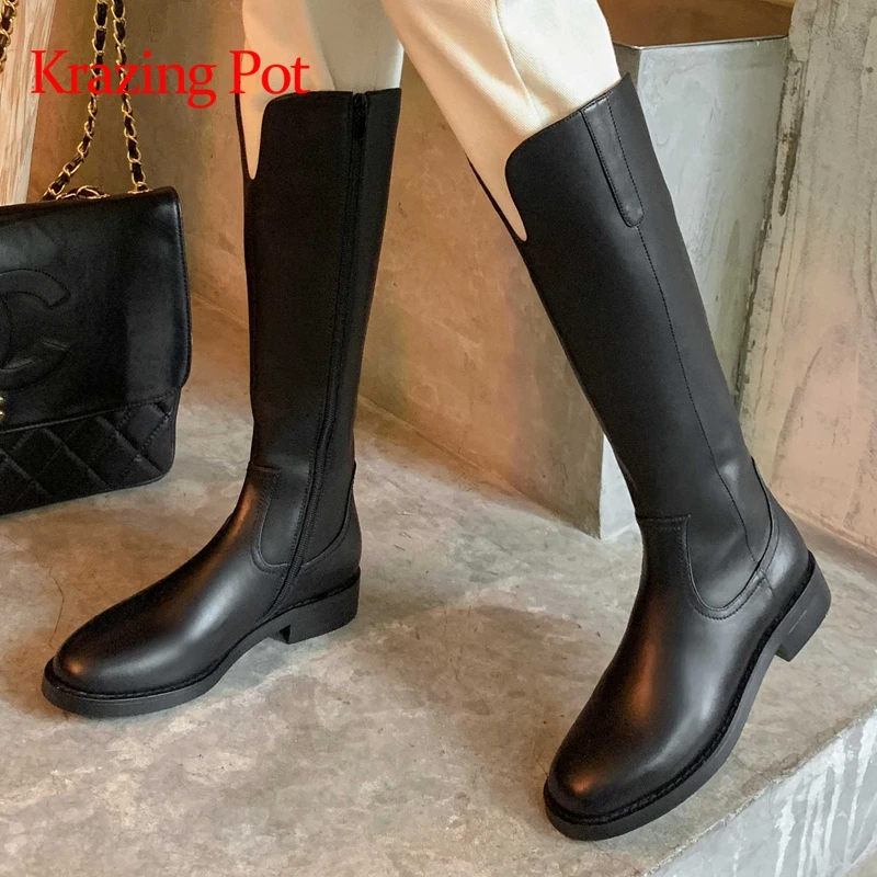 Krazing pot big size genuine leather round toe med heel riding boots concise style young lady daily wear thigh high boots L19
Krazing pot big size genuine leather round toe med heel riding boots concise style young lady daily wear thigh high boots L19