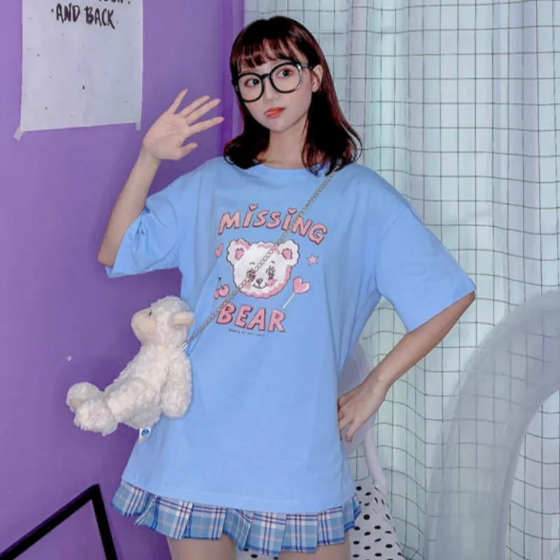 

Korean Sweet Style Cartoon Printed T-shirt Schoolgirl Summer New Tops 2020 Ulzzang Harajuku Kawaii Blue Loose Tees Women