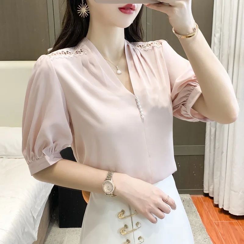 Chiffon Slim Women's Blouses New Casual Blouse Solid Color Beaded V-neck Pullover Shirt Summer Fashion Short Sleeve Top 30034
Chiffon Slim Women's Blouses New Casual Blouse Solid Color Beaded V-neck Pullover Shirt Summer Fashion Short Sleeve Top 30034