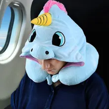 Cartoon Unicorn Pink Blue U Shape Neck Pillow for Airplane Hooded Travel Pillow Plush Warm Cushion Support Head Rest Car Office