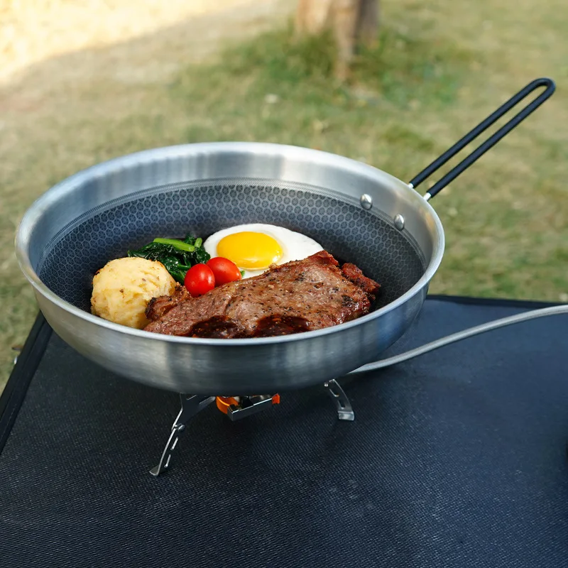 

Outdoor 304 Stainless Steel Honeycomb Pattern Non-Stick Pan Camping Barbecue Frying Pan Induction Cooker Gas Stove Folding Wok