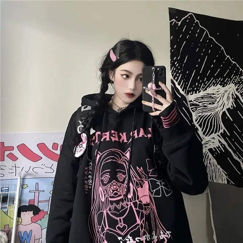 

HOUZHOU Harajuku Gothic Black Anime Hoodies Women Streetwear Oversized E Girl White Pullovers Autumn Fashion Fleece Sweatshirs