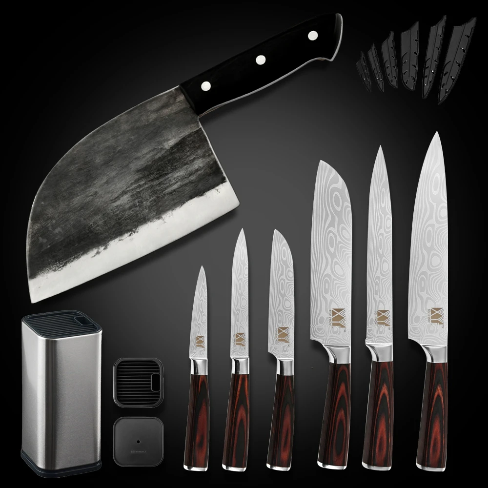 

Набор кухонных ножей из нержавеющей стали с подставкой для ножей 7 дюймов, сербский шеф-повар, нож мясника, кухонный инструмент с деревянной ...