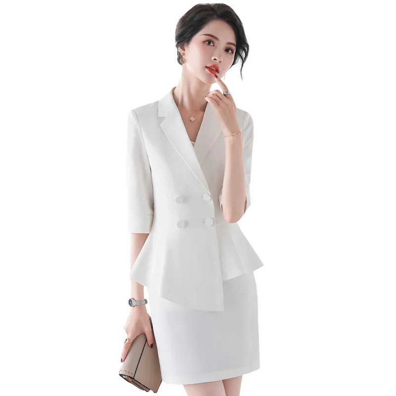 

Woman Black White Red Skirt Suits 2020 Two 2 Pieces Short Sleeve Irregular Blazer and Skirt Set Plus Size Women Korean Ol Suite