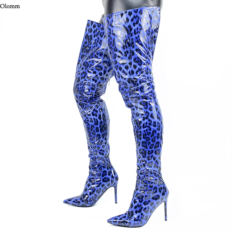 

Olomm Women Winter Thigh High Boots Leopard Pattern Stiletto Heels Pointed Toe Gorgeous Brown Blue Grey Shoes Plus US Size 5-15