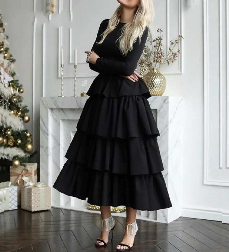 New Tea Length Prom Party Gown Fashionable Long Sleeves Black Soft Satin Tiered Evening Formal Wear Custom Made robe de siree
New Tea Length Prom Party Gown Fashionable Long Sleeves Black Soft Satin Tiered Evening Formal Wear Custom Made robe de siree