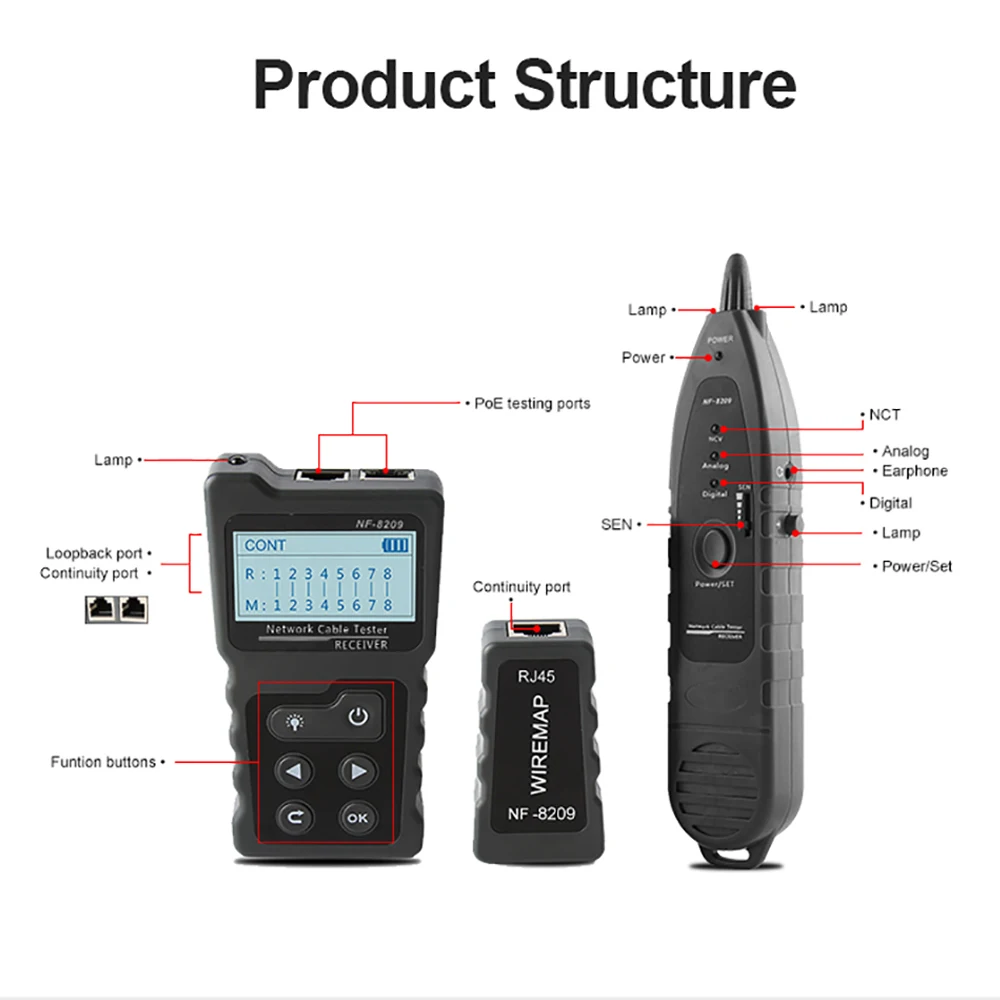 NF-8209 LCD Network Cable Tester Wire Tracker PoE Checker Inline PoE Voltage and Current Tester with Cable Tester
NF-8209 LCD Network Cable Tester Wire Tracker PoE Checker Inline PoE Voltage and Current Tester with Cable Tester