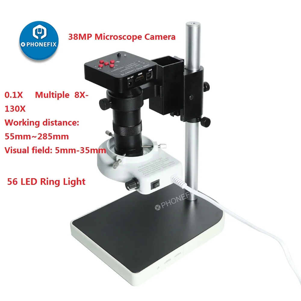 38MP 1080P 60F/S HDMI VGA Industrial Video Microscope Camera 130X 200X 250X C Mount Lens 56 LED Ring Light For Phone Chip Repair
38MP 1080P 60F/S HDMI VGA Industrial Video Microscope Camera 130X 200X 250X C Mount Lens 56 LED Ring Light For Phone Chip Repair