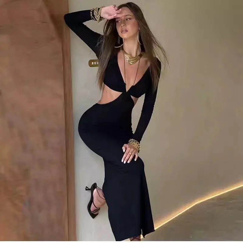 Autumn Chic Long Sleeve Halter Sexy Cut Out Black Maxi Dresses Slim Fashion Outfits Split Long Dresses Skinny Clothes 2021 New
Autumn Chic Long Sleeve Halter Sexy Cut Out Black Maxi Dresses Slim Fashion Outfits Split Long Dresses Skinny Clothes 2021 New
