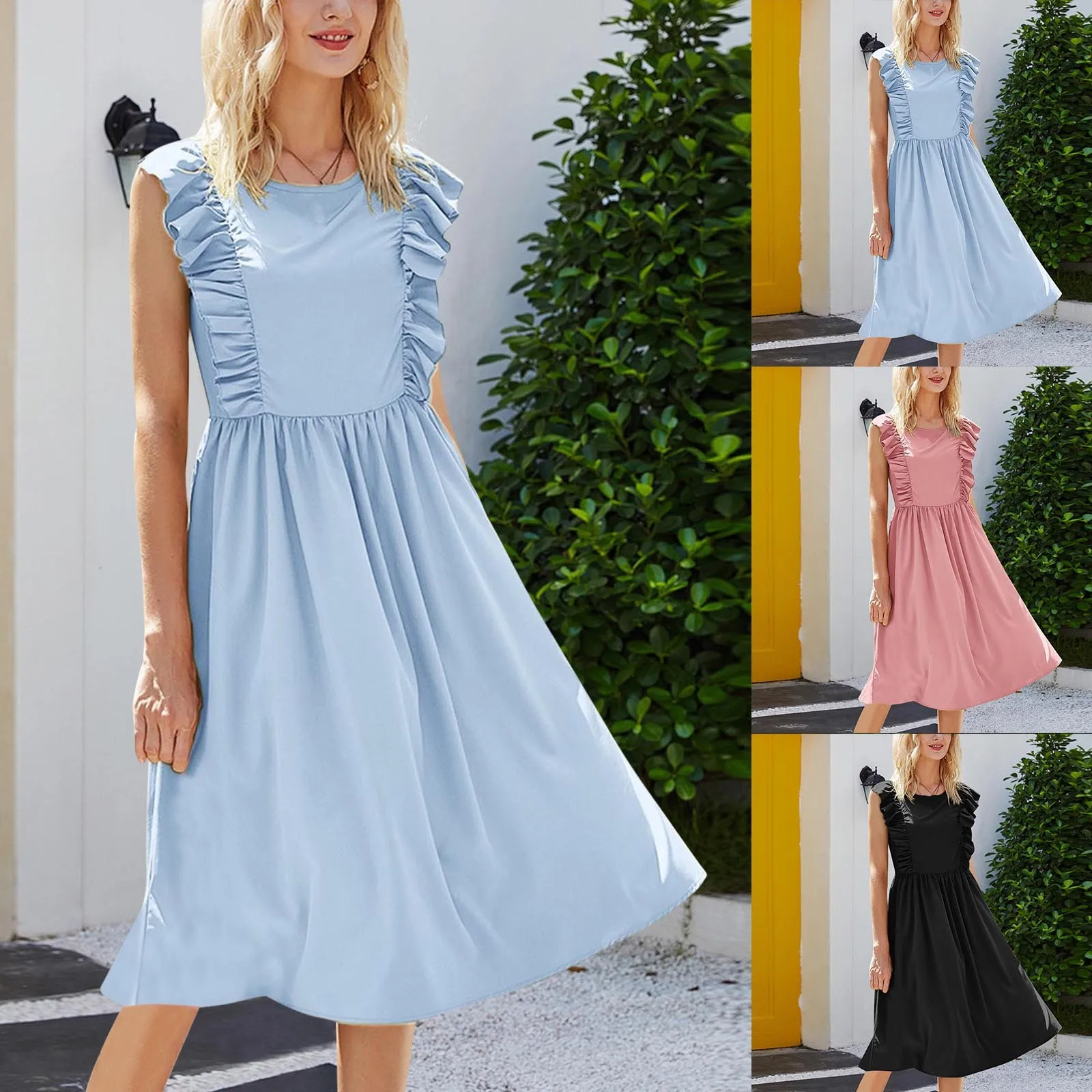 Women Summer Dress Retro Ruffles Solid Color Sleeveless O Neck Mini Dresses Casual Loose Beach Dress Sundress Платье Летне 2021
Women Summer Dress Retro Ruffles Solid Color Sleeveless O Neck Mini Dresses Casual Loose Beach Dress Sundress Платье Летне 2021
