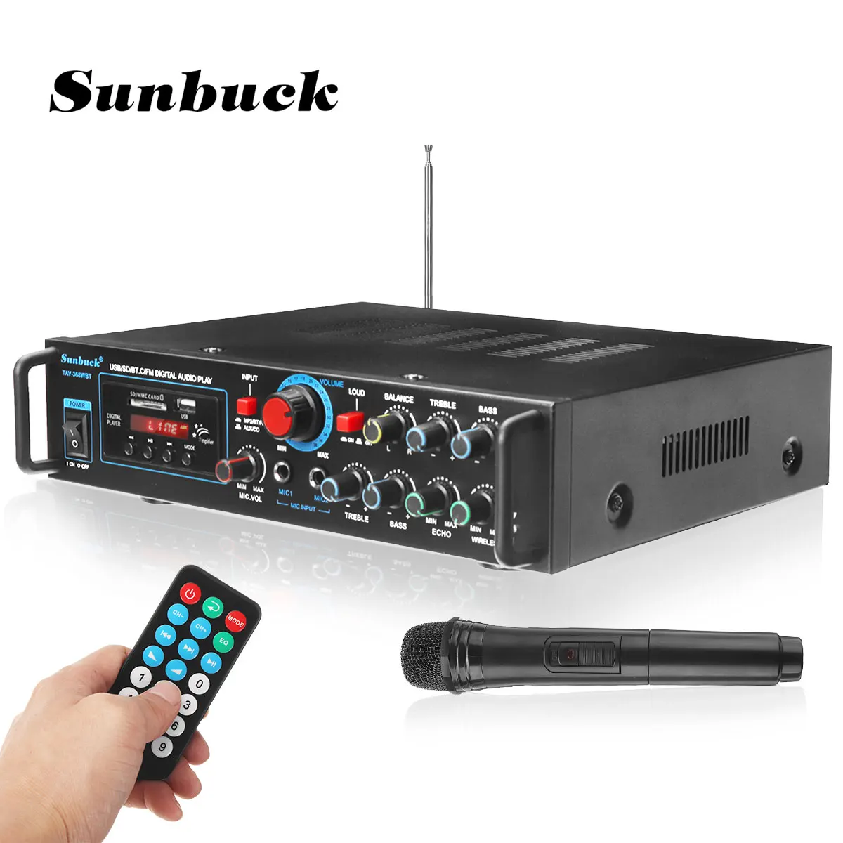 SUNBUCK Stereo Audio Power HiFi Amplifier 110V/220V DC12V Bluetooth Karaoke amplifier + Wireless microphone suitable for Party
SUNBUCK Stereo Audio Power HiFi Amplifier 110V/220V DC12V Bluetooth Karaoke amplifier + Wireless microphone suitable for Party