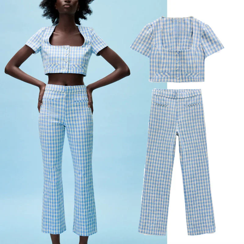 

ZA 2021 Gingham Cropped Tops Women Summer Vintage Blue Plaid Short Sleeve Top Fashion Button Up Lined Streetwear Woman Top Suits