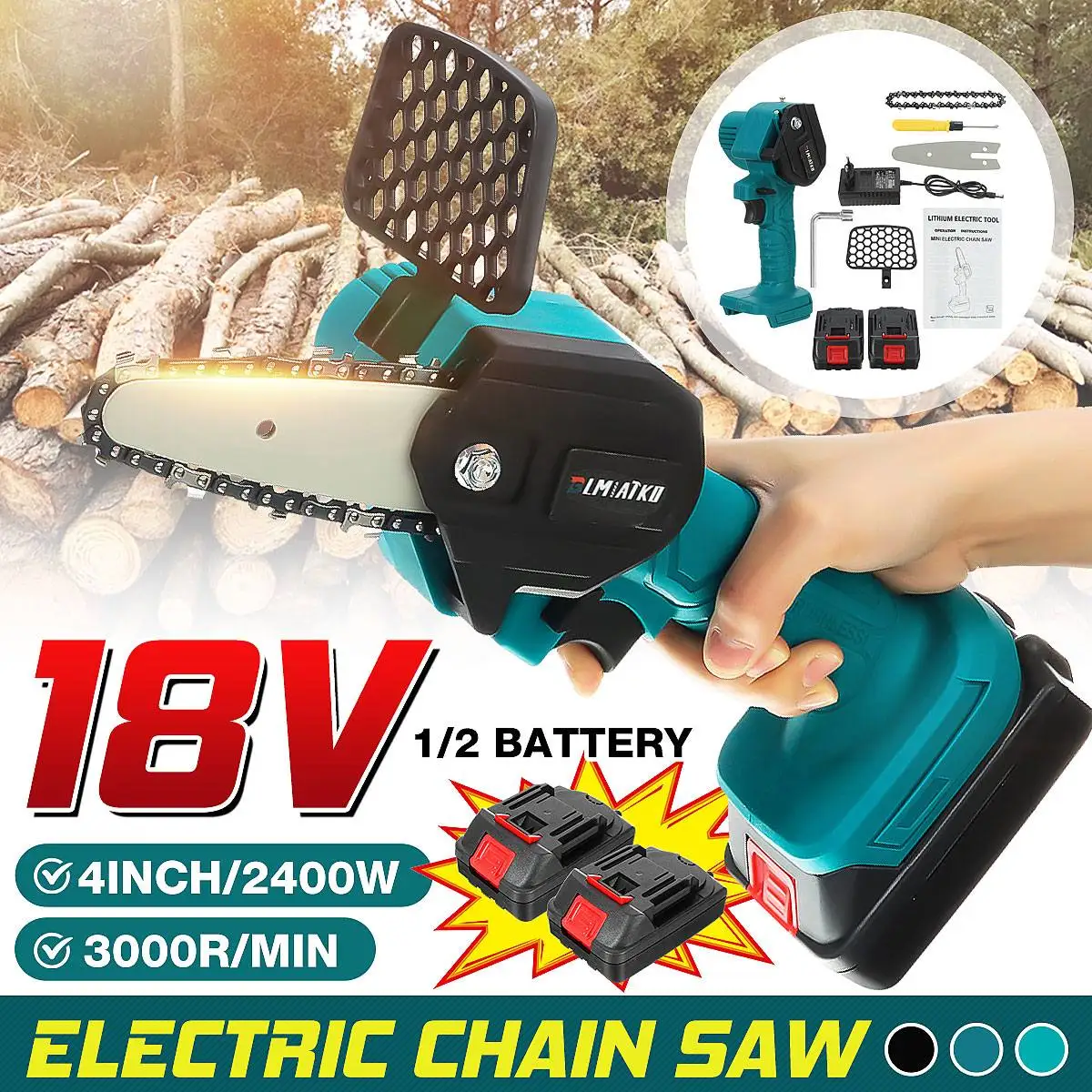 BLMIATKO 2400W 4 inch Electric Chain Saws Wood Cutting Pruning ChainSaw Garden Tree Logging Trimming Saw for Makita 18V Battery
BLMIATKO 2400W 4 inch Electric Chain Saws Wood Cutting Pruning ChainSaw Garden Tree Logging Trimming Saw for Makita 18V Battery
