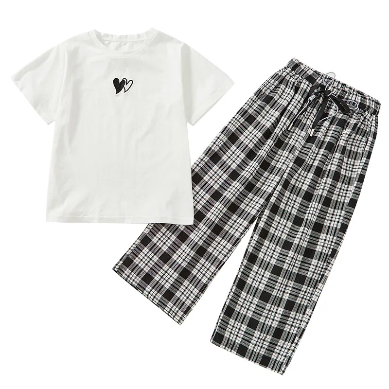 Summer 2021 Girls Sets Fashion Plaid Tracksuit for Children Short-sleeved T-shirt Wide Pants 2pcs Clothes for Teenagers 12 13 Y
Summer 2021 Girls Sets Fashion Plaid Tracksuit for Children Short-sleeved T-shirt Wide Pants 2pcs Clothes for Teenagers 12 13 Y