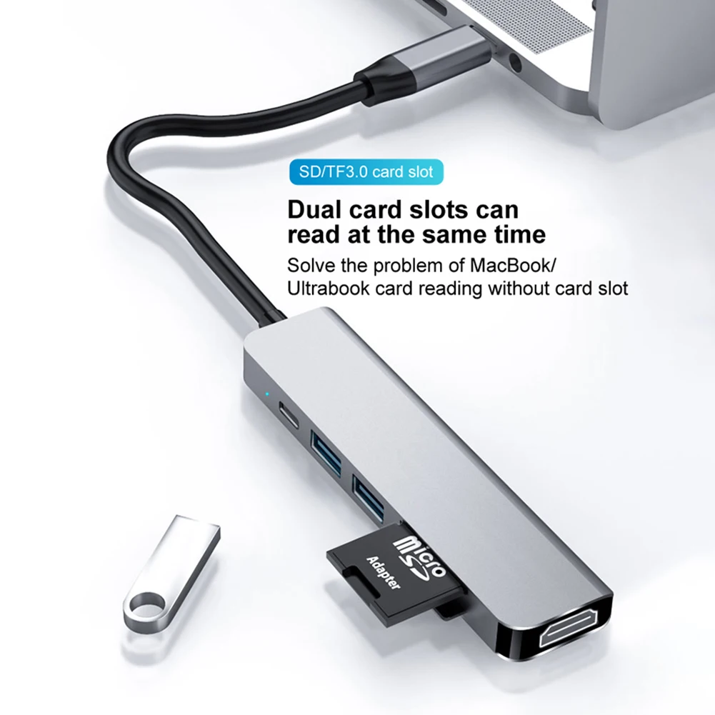 6-in-1 Type-C Hub 4K USB-C to HDMI-compatible Adapter USB3.0 Card Reader Support 87W PD Fast Charging for Macbook, Phones
6-in-1 Type-C Hub 4K USB-C to HDMI-compatible Adapter USB3.0 Card Reader Support 87W PD Fast Charging for Macbook, Phones