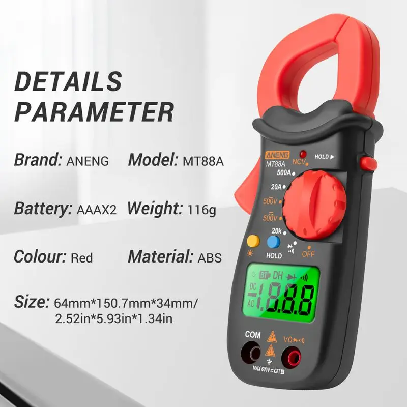 MT88A 1999 Digital Clamp Multimeter Meter 1999 Counts 500A AC Current AC DC Voltage NCV Test with backlight
MT88A 1999 Digital Clamp Multimeter Meter 1999 Counts 500A AC Current AC DC Voltage NCV Test with backlight