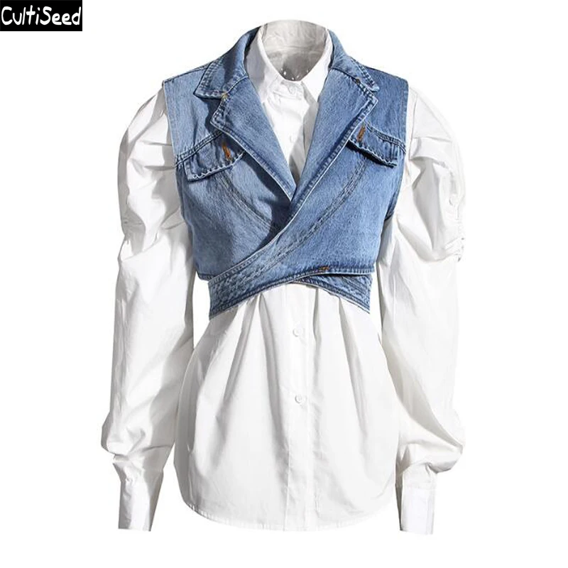 Cultiseed Women Irregular Denim Jeans Vest Shirts Blouses Sets Female New Puff Sleeve Shirts Ladies Office Work Party Tops Set
Cultiseed Women Irregular Denim Jeans Vest Shirts Blouses Sets Female New Puff Sleeve Shirts Ladies Office Work Party Tops Set