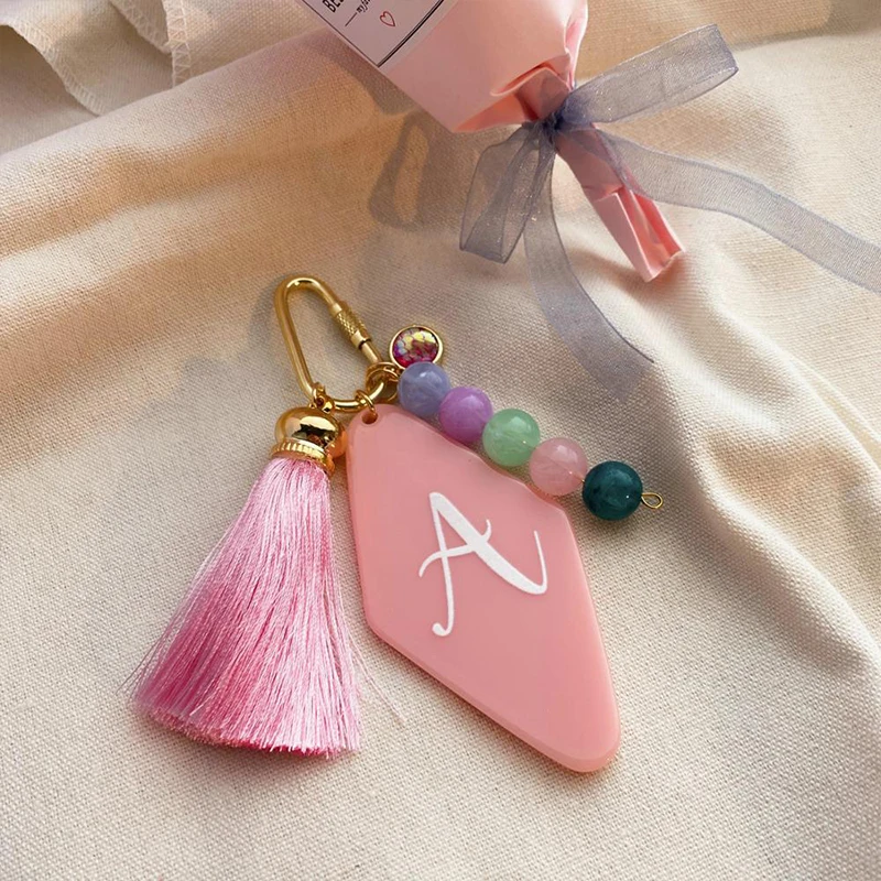 A-Z Initial Letters Tassel Beads Rhombus Keyring Geometric Pink Acrylic Key Chain Woman Bag Pendant Decoration
A-Z Initial Letters Tassel Beads Rhombus Keyring Geometric Pink Acrylic Key Chain Woman Bag Pendant Decoration