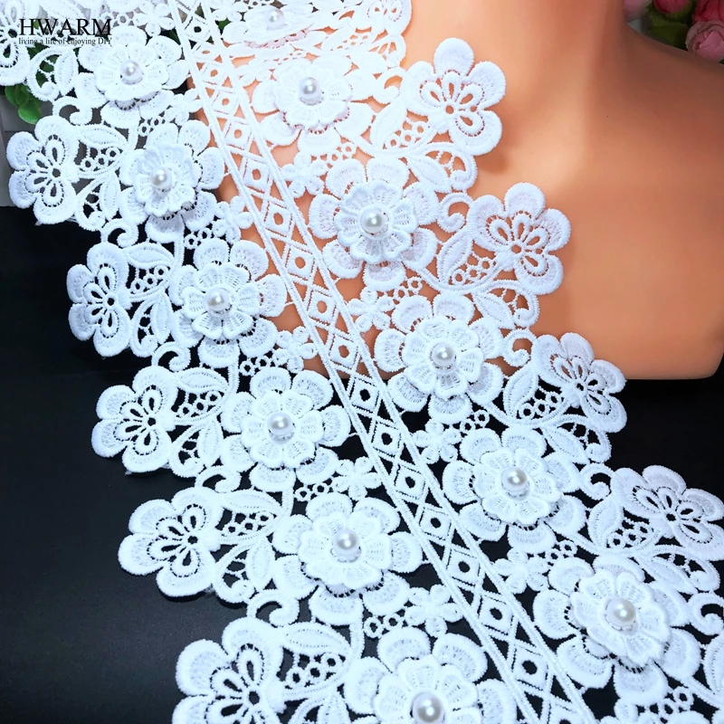 

HWARM 5yard 19cm 3D Lace Beads DIY Wedding Skirt White Double Side Bar Code Fabric Water Soluble Milk Silk Curtain Accessories