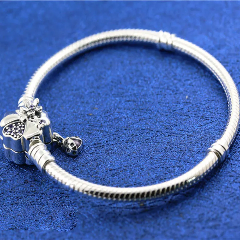 

925 Sterling Silver Moments Wildflower Meadow Clasp Snake Chain Bracelet For Women Fit Pandora Style Charms Beads Jewelry