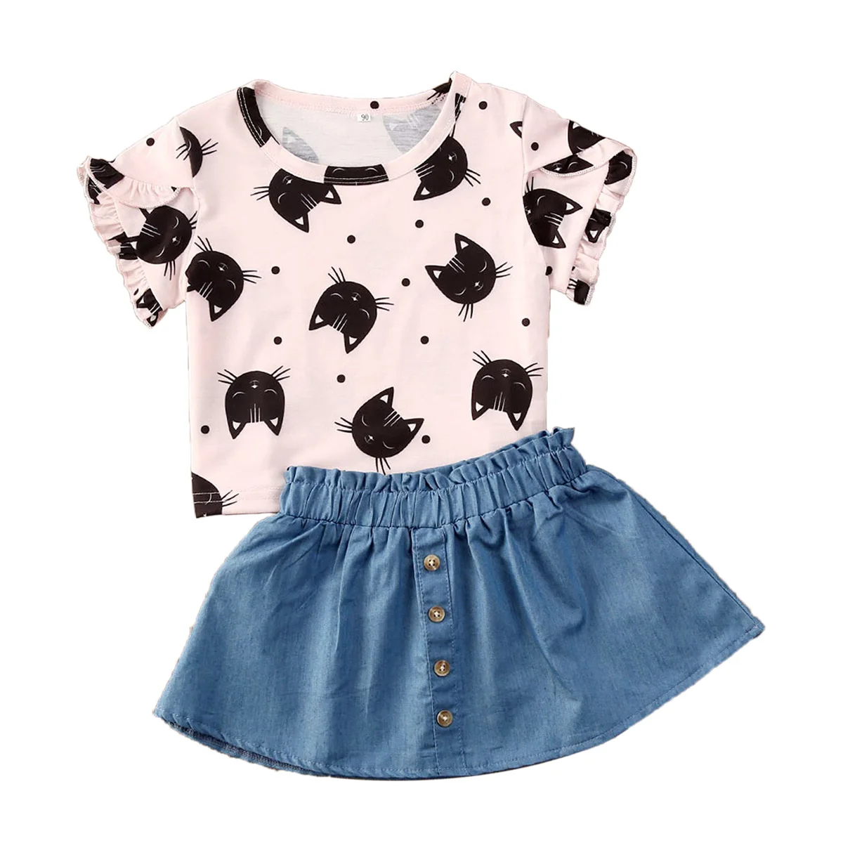 2020 Baby Summer Clothing Infant Baby Girl Cute Cartoon Cat Head Printed Short Sleeve Top Solid Color Mini Skirt Two Piece Set
2020 Baby Summer Clothing Infant Baby Girl Cute Cartoon Cat Head Printed Short Sleeve Top Solid Color Mini Skirt Two Piece Set