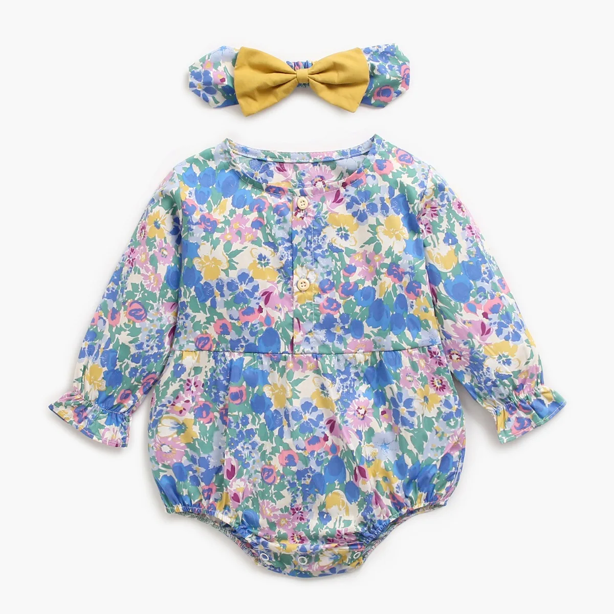 

Autumn Infant Girl Suit Clothing Long Sleeve Floral Print Toddler Girls Bodysuit + Hairband Twins Baby Clothes For 0-2y Baby