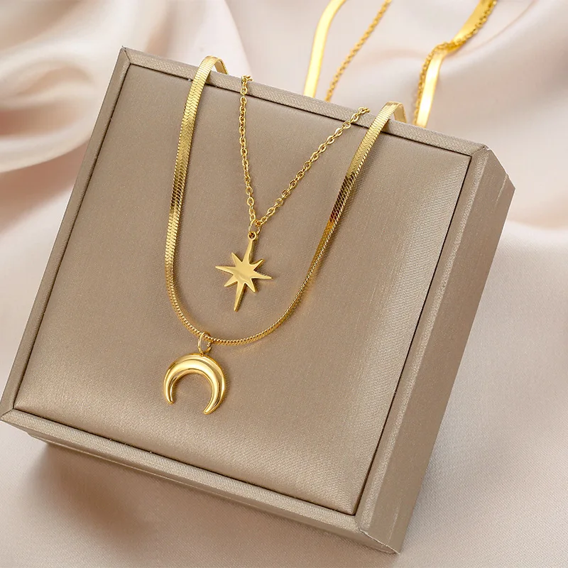 Stainless Seel Gold Color Six-pointed Star Charms Crescent Moon Pendant Necklace For Women Snake Chain Choker Jewelry Gift
Stainless Seel Gold Color Six-pointed Star Charms Crescent Moon Pendant Necklace For Women Snake Chain Choker Jewelry Gift